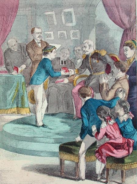Palkintojenjakotilaisuus, kuvitus A. des Tilleulsin teoksesta "Beaux Jours et Fetes des Petits Enfants", 1800-luvun loppu (värinen kaiverrus) tekijältä E. Morel
