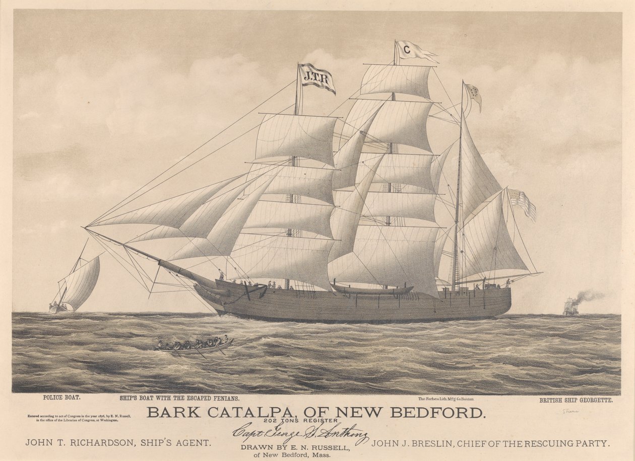 New Bedfordin Bark Catalpa, poliisivene, laivavene ja brittiläinen alus Georgette. tekijältä E. N. Russell