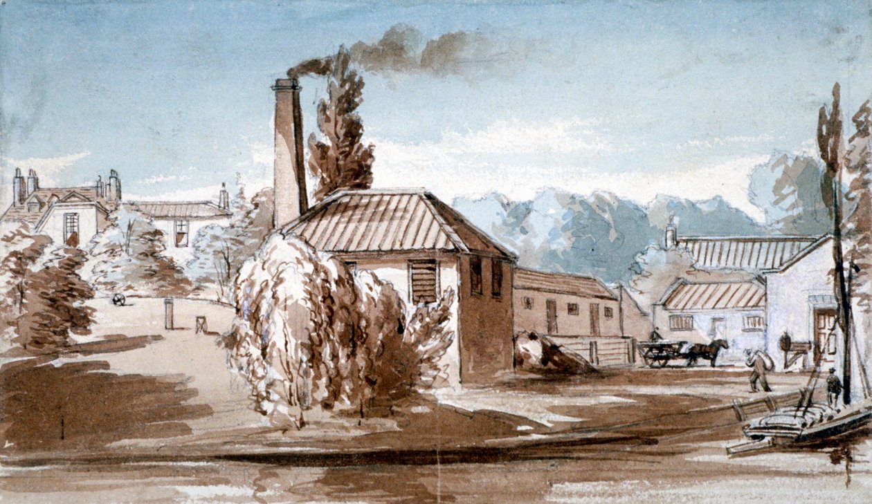 Näkymä Stephensonin ja Giles Starch Worksista Old Fordissa, Bow, Lontoo, 1830. tekijältä E Noyce