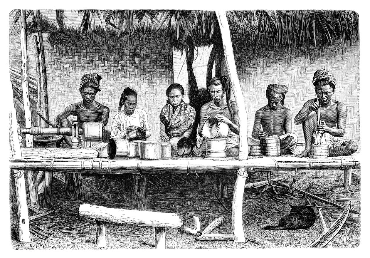 Käsityöläisiä Burmasta, Myanmarista, 1895. tekijältä Etienne Antoine Eugene Ronjat