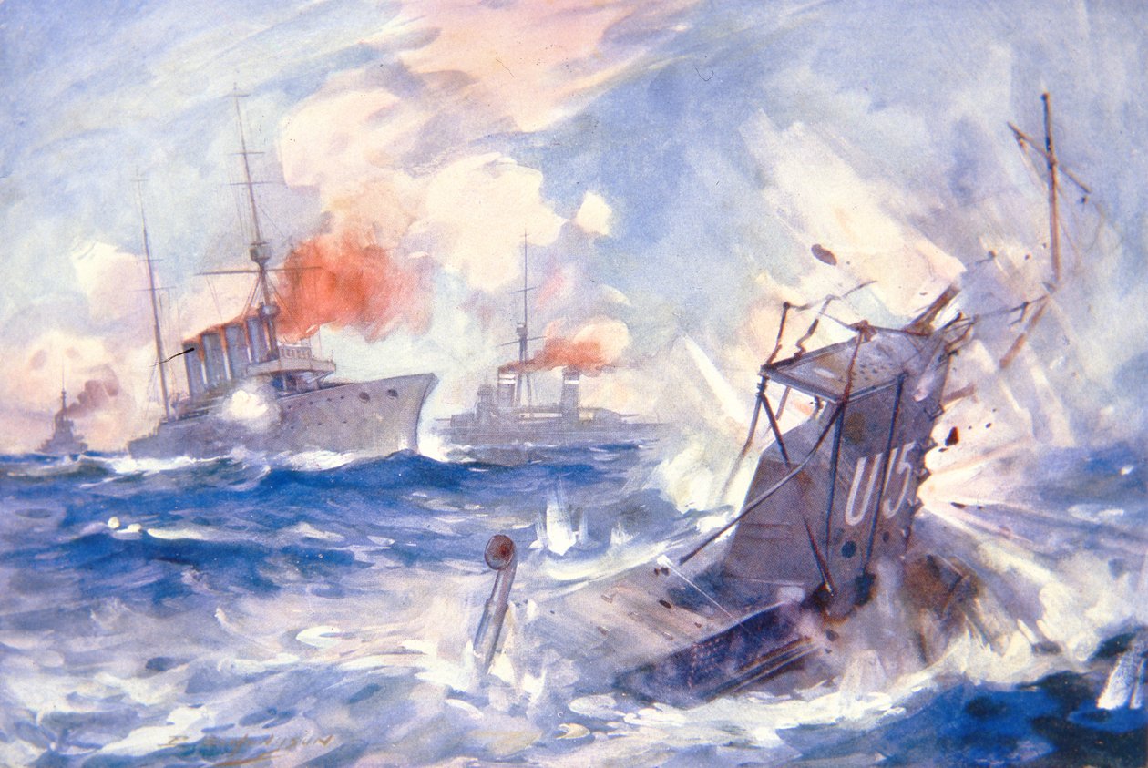 HMS Birminghamin saksalaisen sukellusveneen U15 uppoaminen (väri litho) tekijältä E. S. (after) Hodgson