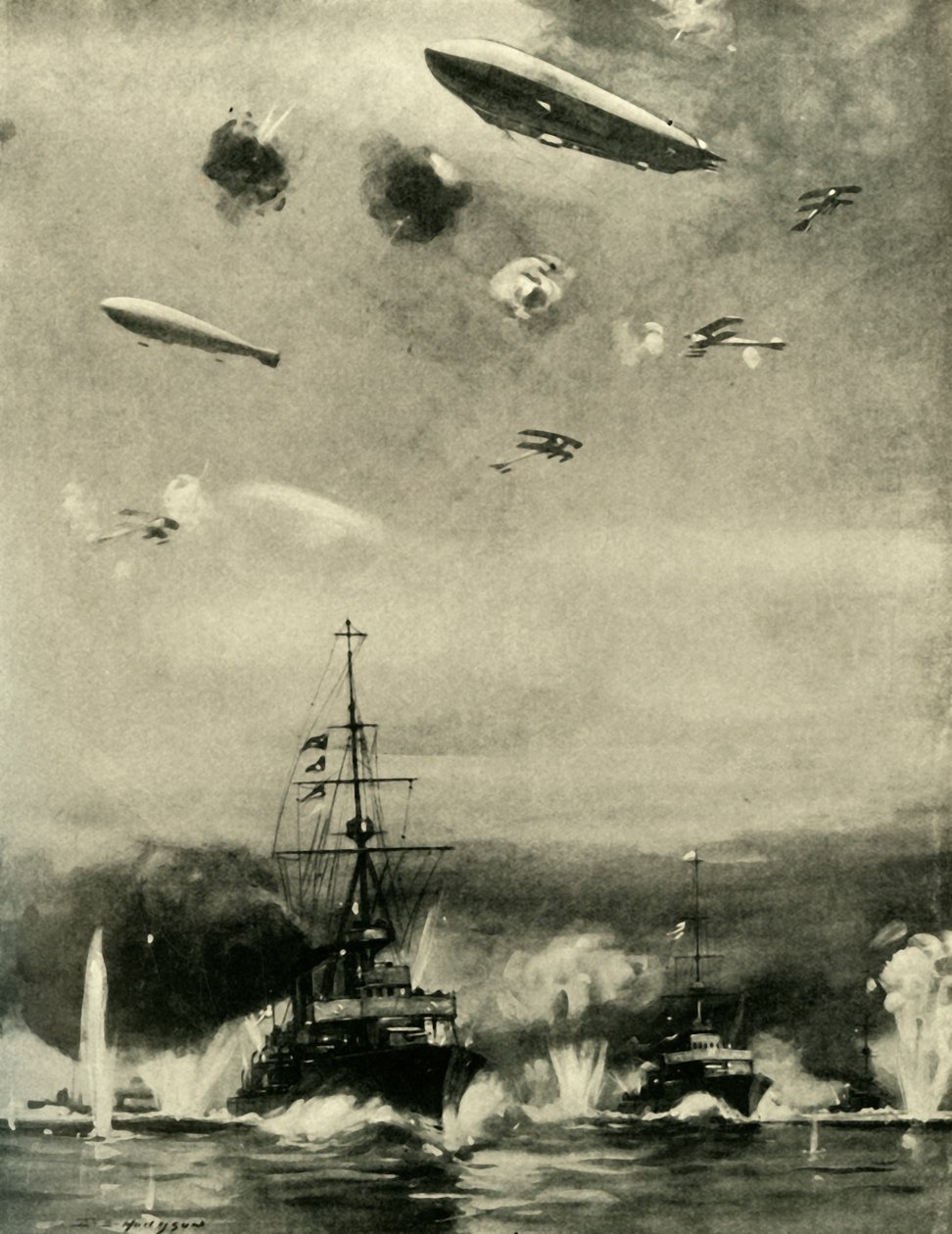 Brittiläinen ilmahyökkäys Cuxhavenissa, joulupäivänä, 1914, c1920. tekijältä E. S. Hodgson