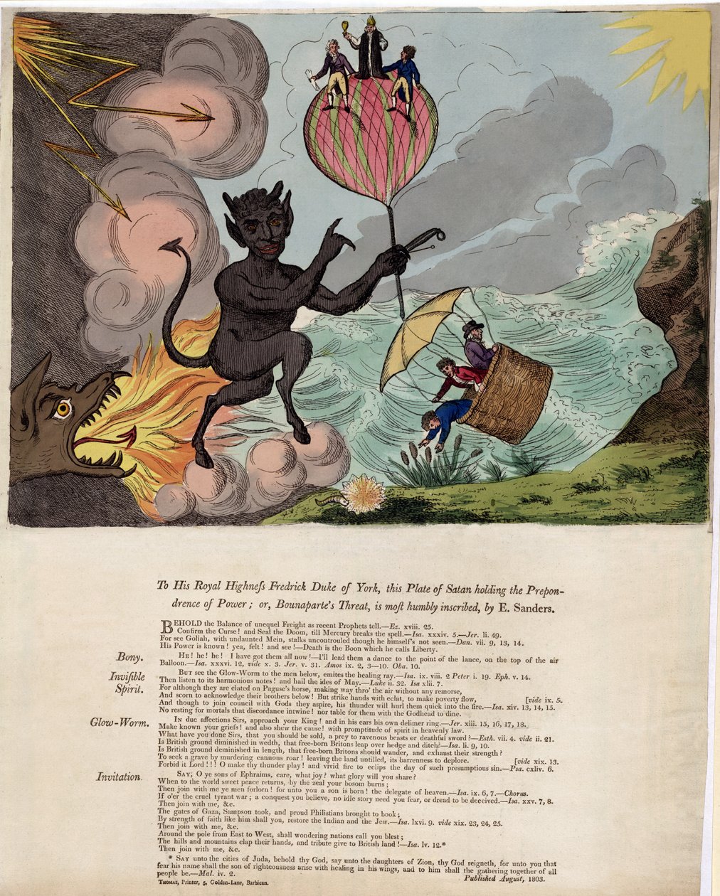 Hänen kuninkaalliselle korkeudelleen Frederick Duke of Yorkille, tämä saatanan levy, joka hallitsee valtaa; tai Bounaparten uhka, julkaistu 1803 (käsinvärinen kaiverrus) tekijältä E. Sanders