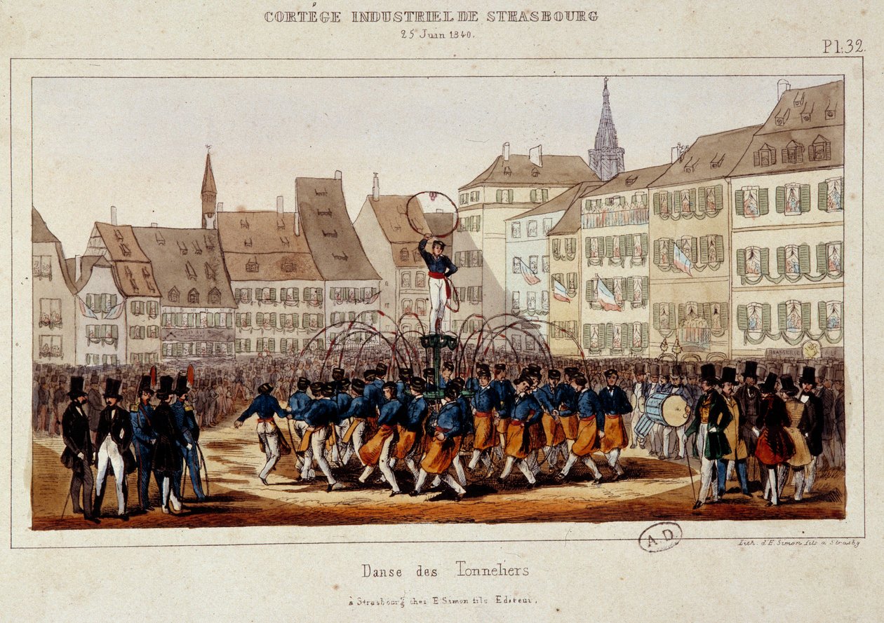 La danse des tonneliers Strasbourgin teollisuuskortegen aikana 25.6.1840. Simonin litografia tekijältä E. Simon
