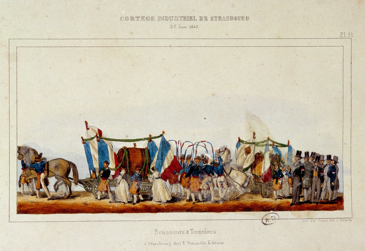 Panimoiden ja cooperien tanssi Strasbourgin teollisuuskortegen aikana 25.6.1840. Simonin litografia tekijältä E. Simon