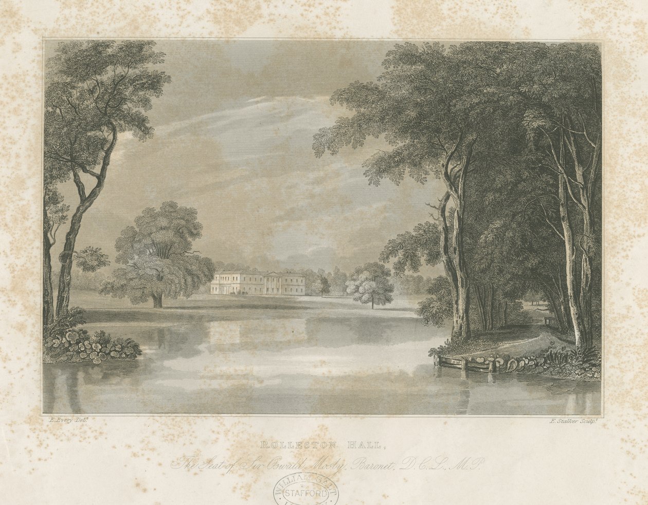 Rolleston Hall: viivakaiverrus, nd [c 1840] tekijältä E Stalker