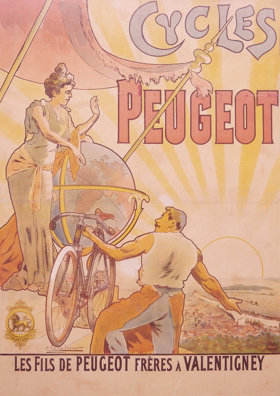 Peugeot-polkupyöriä mainostava juliste, 1800-luvun loppu - 1900-luvun alku tekijältä E Vavasseur