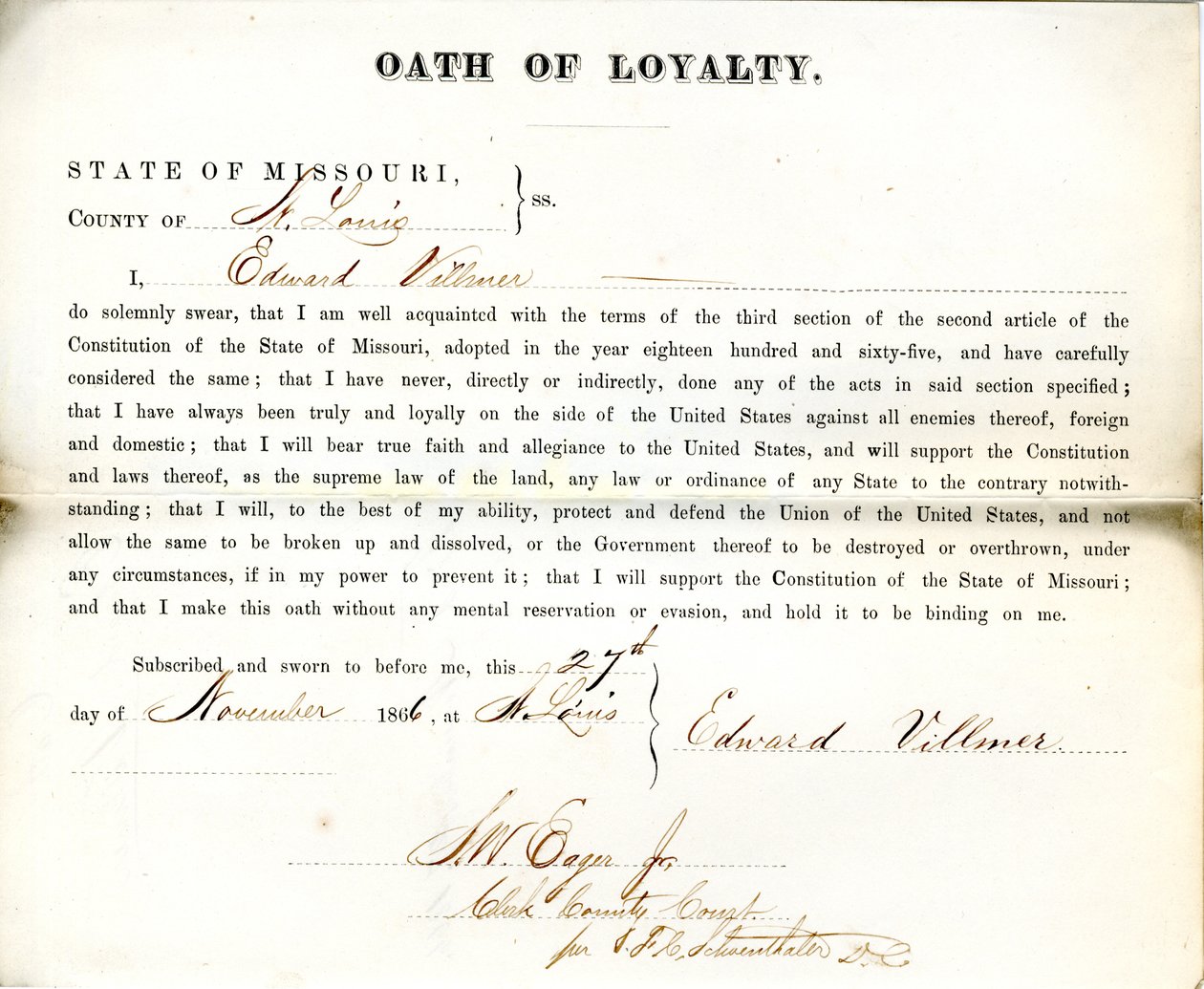 Edward Villmerin uskollisuusvala Missourista, St.Louisin kreivikunta tekijältä E. Villmer