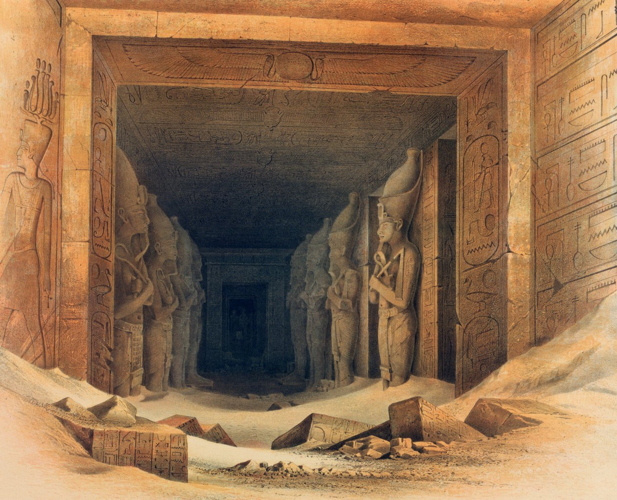 "Abou Simbelin temppelin sisustus", Egypti, 1842-1845 tekijältä E Weidenbach