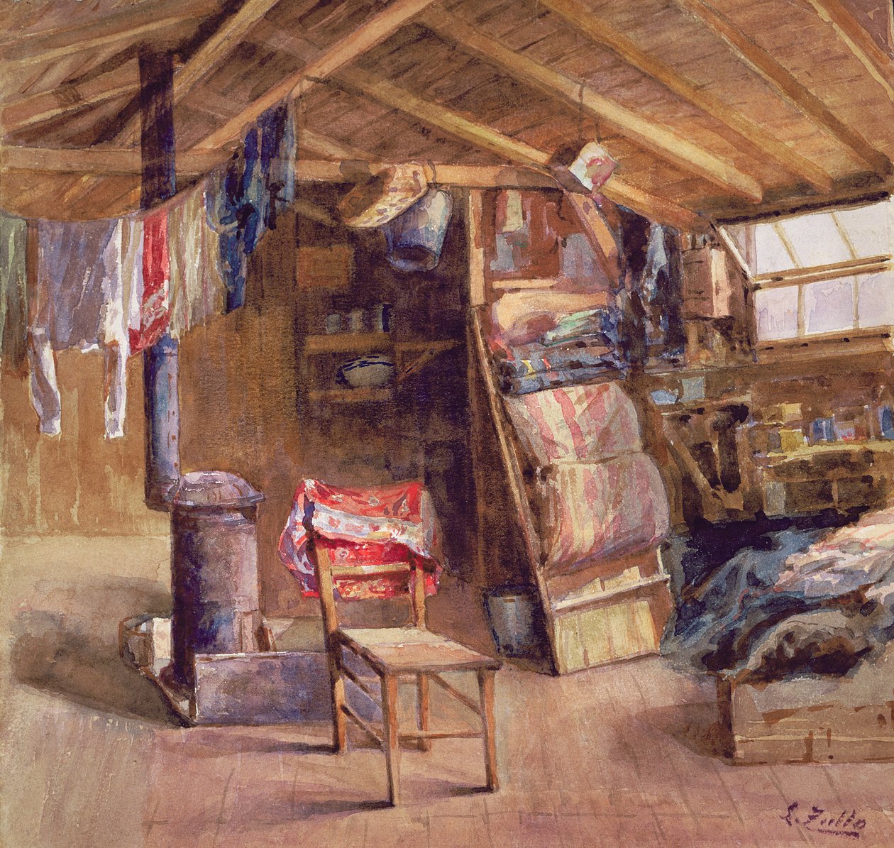 A Garret Interior, n. 1860 (akvarelli paperille) tekijältä E. Zoello