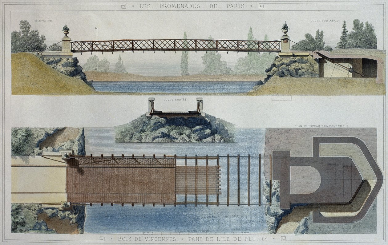 Bois de Vincennes ja Reuillyn saaren silta, kuvitus "Promenades de Parisista", kaiverrus Jean Joseph Sulpis (1826-1911) tekijältä E. and Dardoize, Louis Emile Hochereau