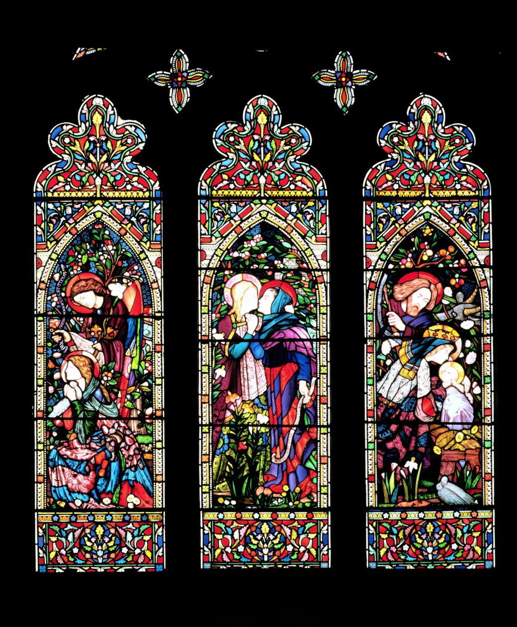Marian ilmestys, vierailu ja syntymäjumalanpalvelus, Lavers ja Barraud, 1860 (lasimaalauksia) (ks. myös 11886). tekijältä E. and Halliday, M. F. Burne Jones