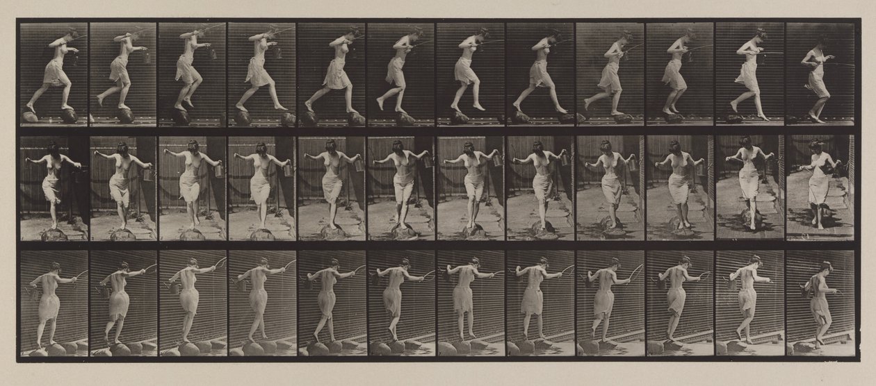 Kilven numero 175. Puron ylitys porraskivillä kalastusvavan ja purkin kanssa, 1887 (kollaattityyppi). tekijältä Eadweard Muybridge