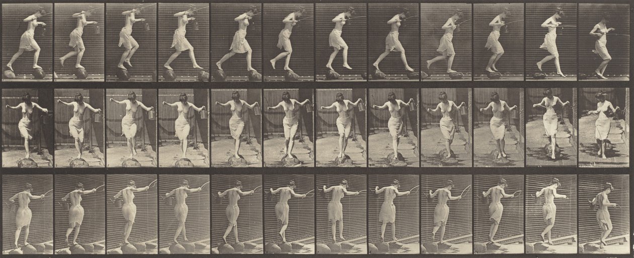 Kilpi nro 175. Puron ylitys ponnahduskivillä onkivavalla ja tölkillä, 1887. tekijältä Eadweard Muybridge
