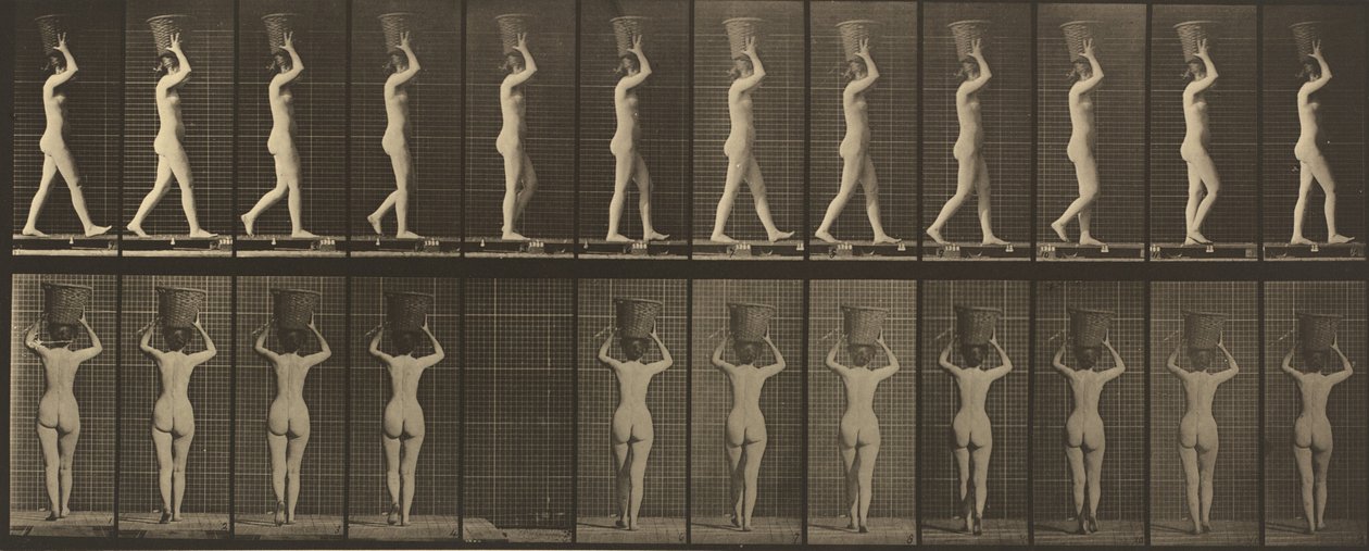 Kilven numero 34. Kävely ja kantaminen 15-lb. kori päässä, kädet koholla, 1887. tekijältä Eadweard Muybridge