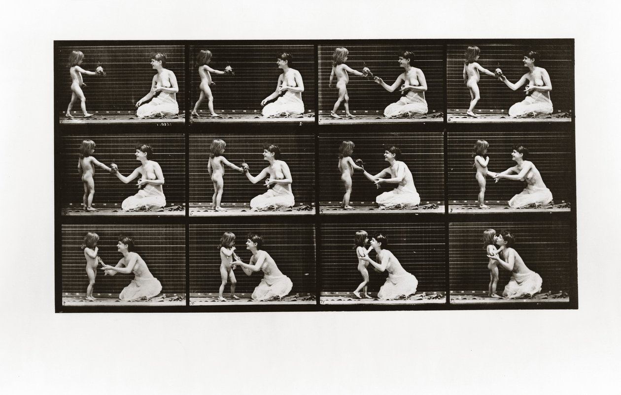 Lapsi tuo kimpun naiselle, levy 465 Animal Locomotionista, 1887 tekijältä Eadweard Muybridge
