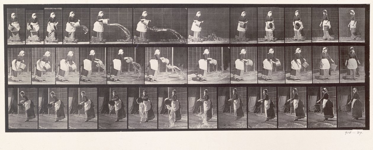 Piika heittelee vesiämpäriä, levy 404 Animal Locomotionista, 1887 tekijältä Eadweard Muybridge