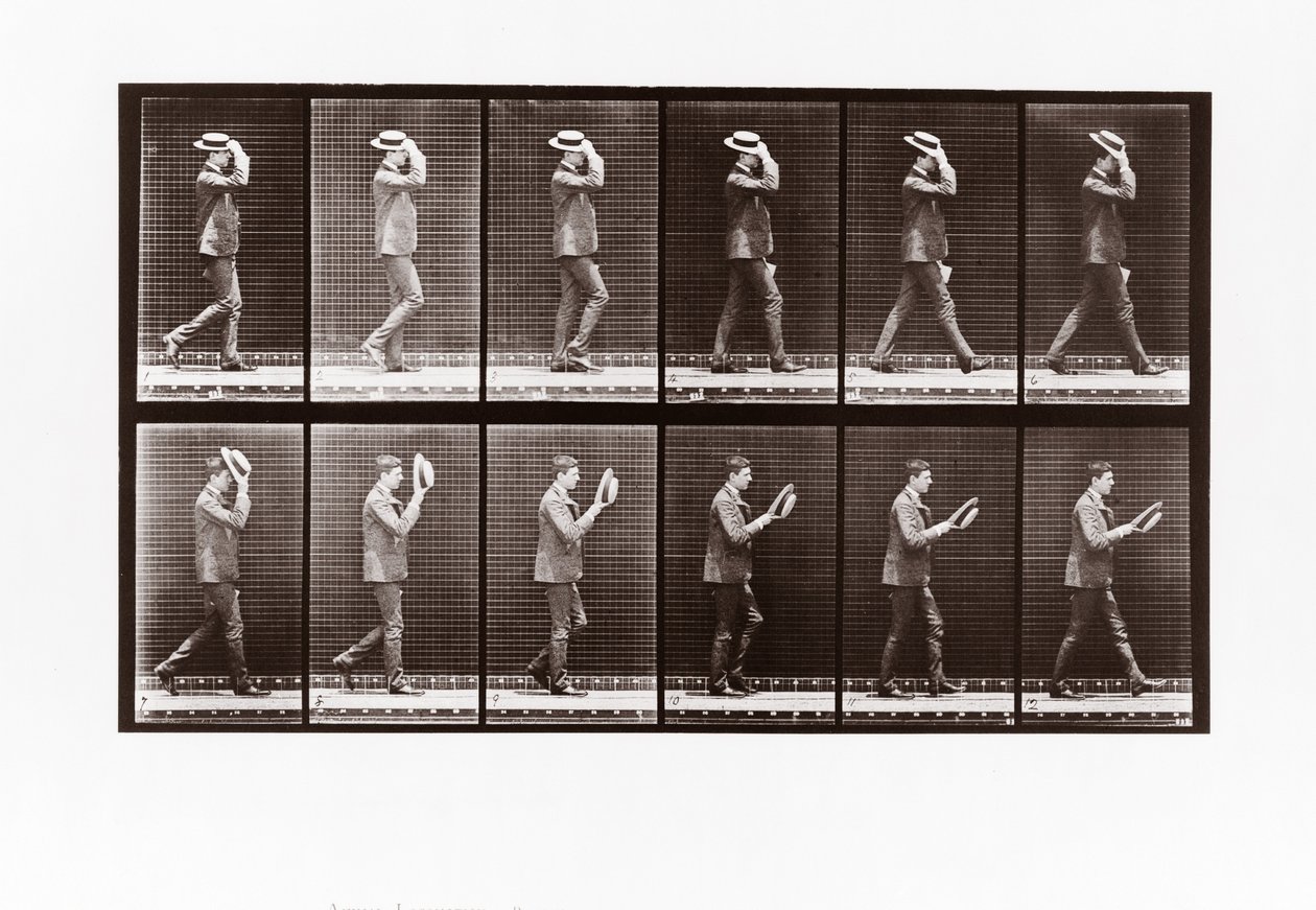 Mies riisumassa veneensä, levy 44 Animal Locomotionista, 1887 tekijältä Eadweard Muybridge