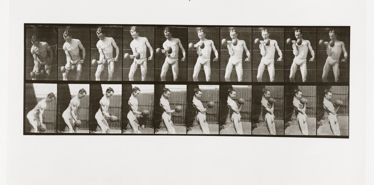 Mies nostamassa käsipainoa, levy 324 Animal Locomotionista, 1887 tekijältä Eadweard Muybridge