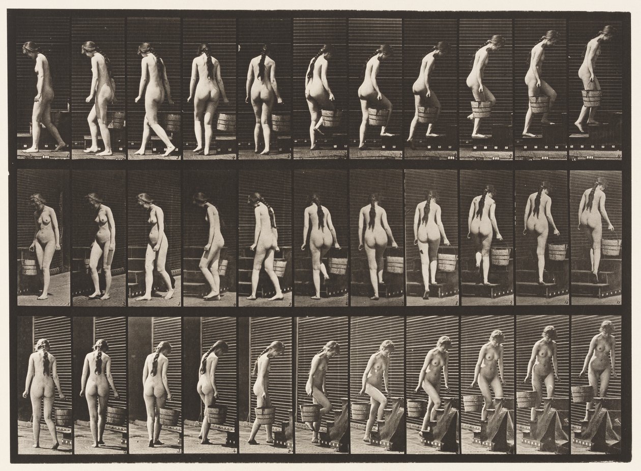 Kilpi 102. Kääntyvät ja nousevat portaat, ämpäri vettä Rt-kädessä, 1872-1885 tekijältä Eadweard Muybridge