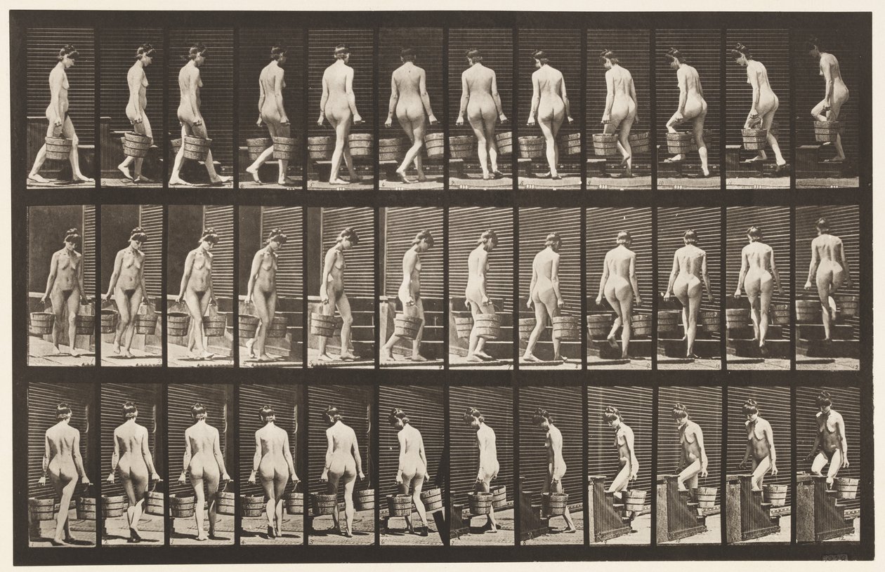 Kilpi 104. Kääntyvät ja nousevat portaat, ämpäri vettä kummassakin kädessä, 1872-1885 tekijältä Eadweard Muybridge