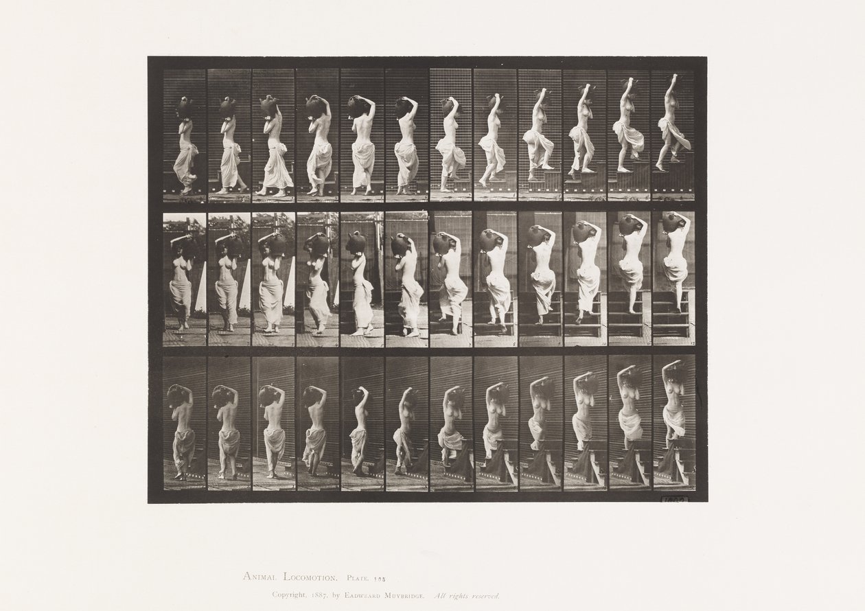 Levy 105. Kääntyvä, nousevat portaat, vesipurkki vasemmalla olkapäällä tekijältä Eadweard Muybridge