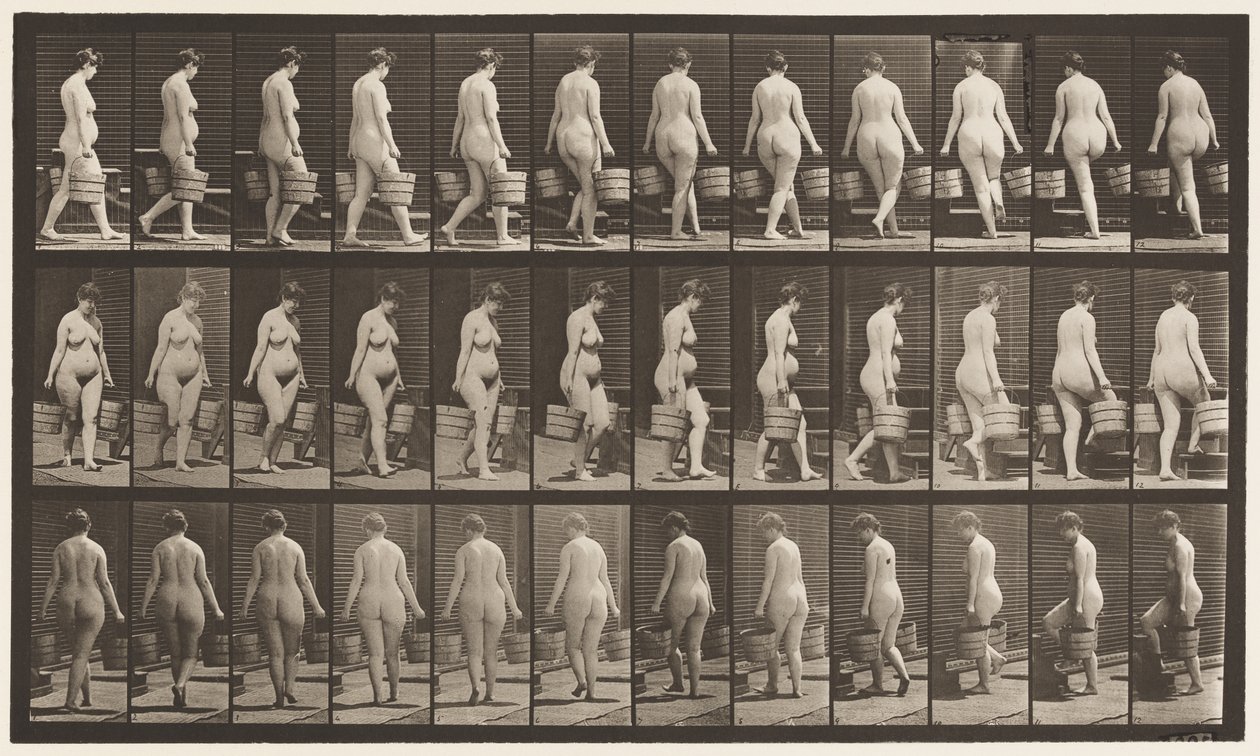 Levy 106. Kääntyminen portaiden nousuun, vesiämpäri kummassakin kädessä, 1872-1885 tekijältä Eadweard Muybridge