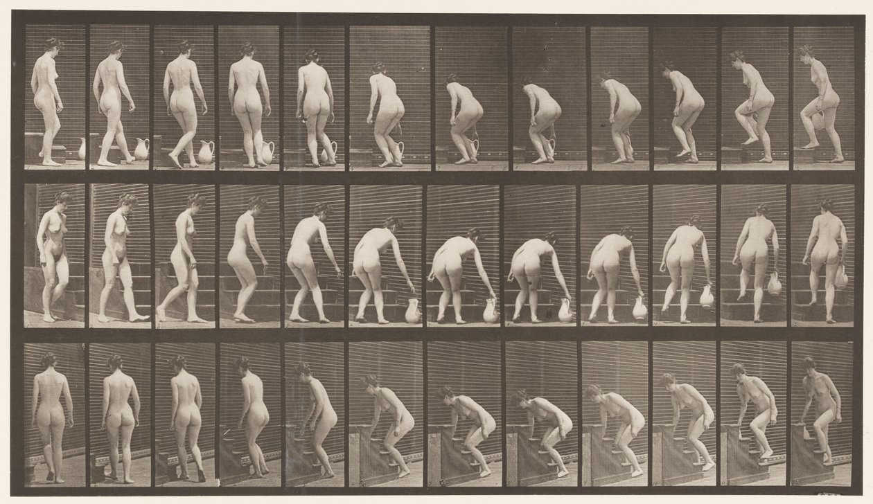 Levy 108. Kääntyminen portaiden nousuun, kumartuminen, kannun nostaminen, 1872-1885 tekijältä Eadweard Muybridge
