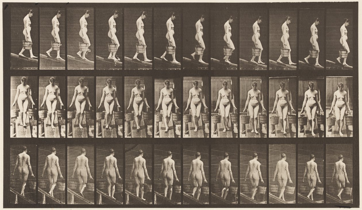 Levy 121. Laskeva kaltevuus, vesiämpäri kummassakin kädessä tekijältä Eadweard Muybridge