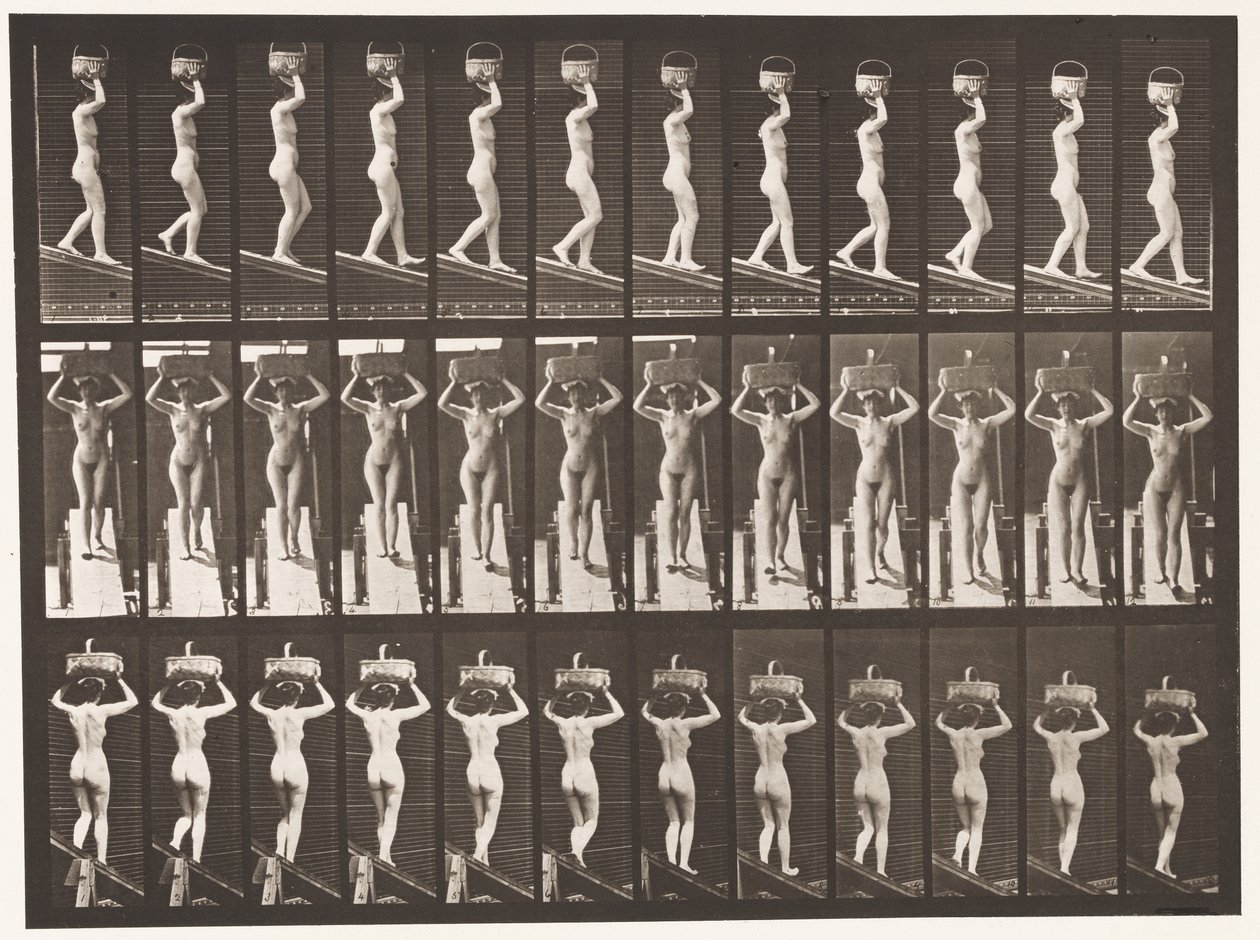 Levy 124. Laskeva kaltevuus, 20 lb:n kori pään päällä, kädet kohotettuina, 1872-1885 tekijältä Eadweard Muybridge