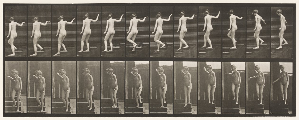 Levy 132. Laskeutuvat portaat, kääntyminen ympärilleen ja heiluttaa kättä tekijältä Eadweard Muybridge
