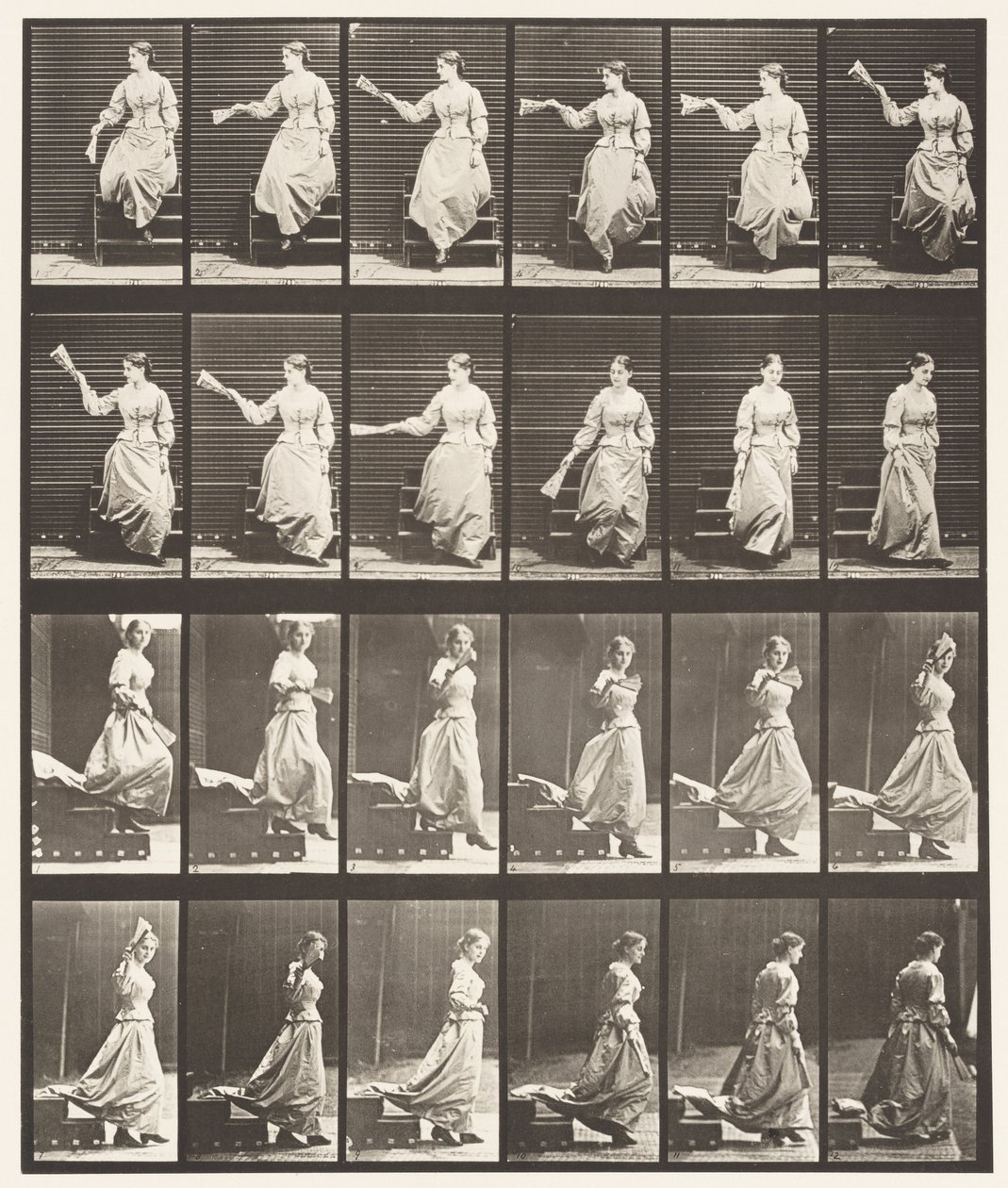 Levy 140. Laskevat portaat ympärilleen katsomassa ja heiluttamassa tuuletinta tekijältä Eadweard Muybridge
