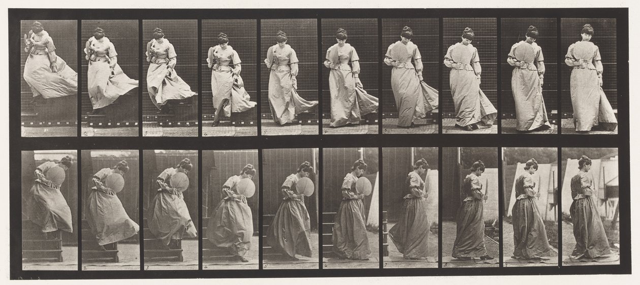 Levy 142. Laskevat portaat, kääntyvä mekko kiinni, 1885 tekijältä Eadweard Muybridge