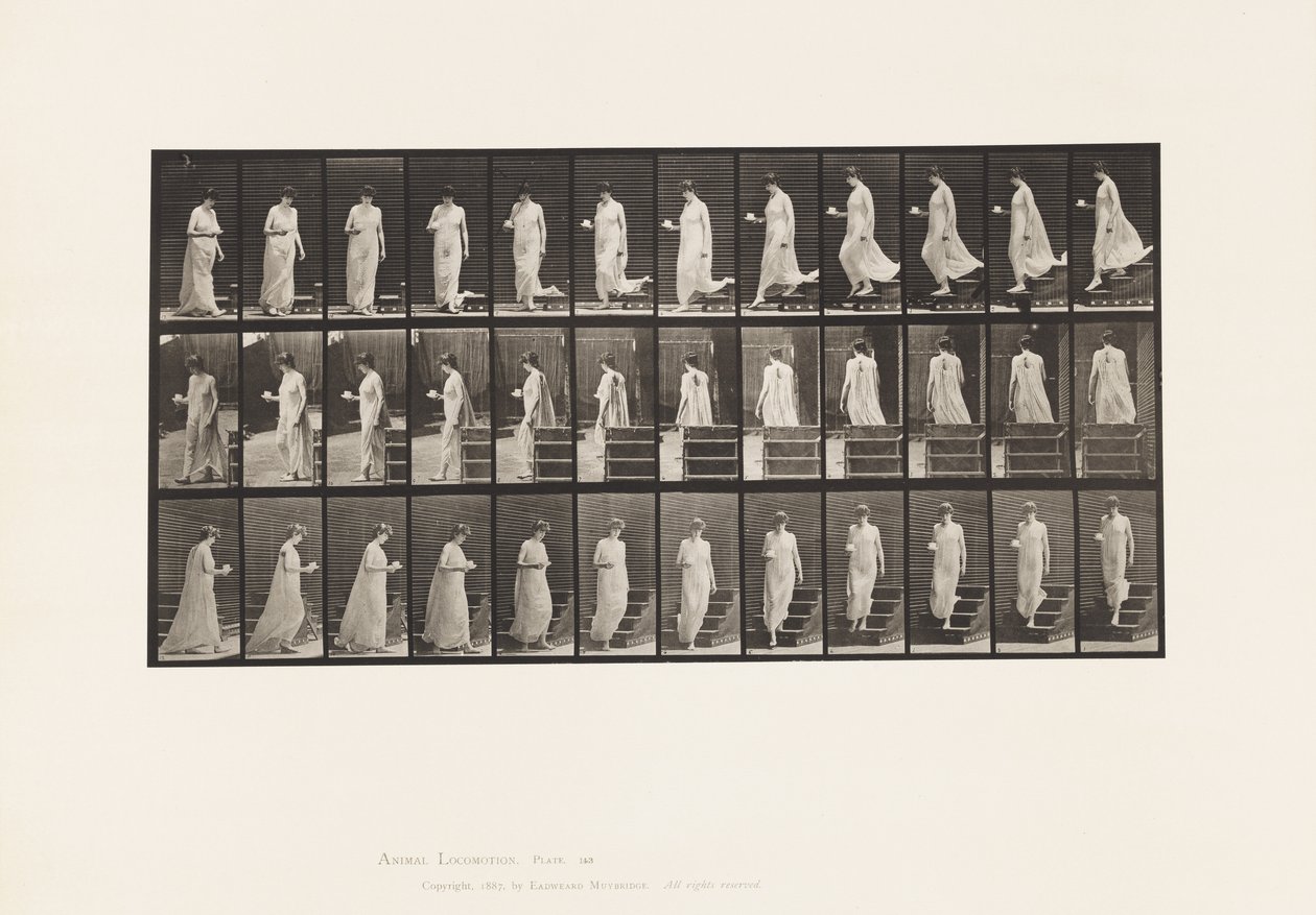 Lauta 143. Laskeva kaltevuus, kääntökuppi ja lautanen oikeassa kädessä tekijältä Eadweard Muybridge