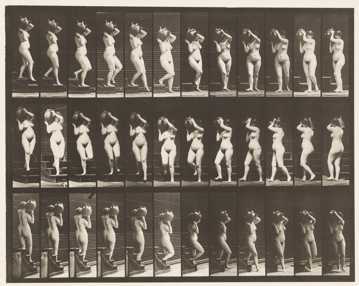 Levy 147. Laskevat portaat; Vesipurkin kääntäminen oikealle olkapäälle, 1872-1885 tekijältä Eadweard Muybridge