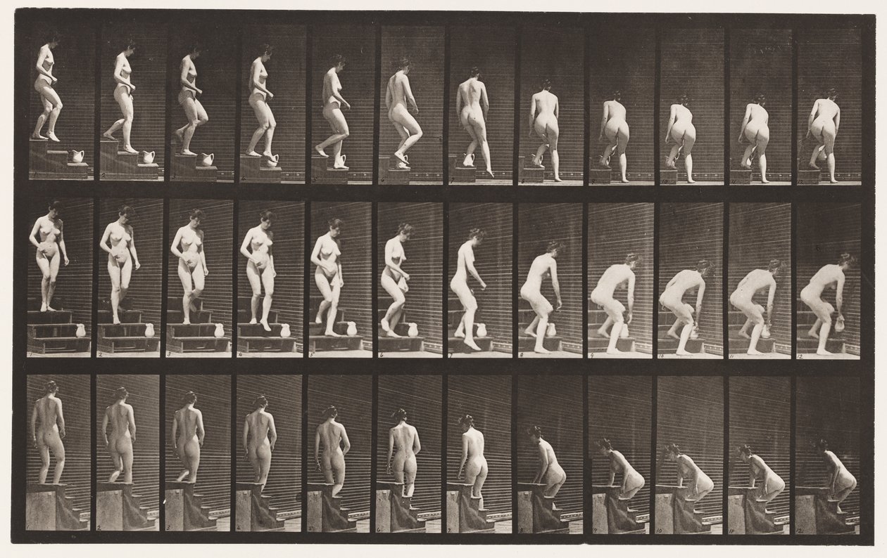 Levy 149. Laskevat portaat; Kumartuminen nostaakseen kannua, 1872-1885 tekijältä Eadweard Muybridge