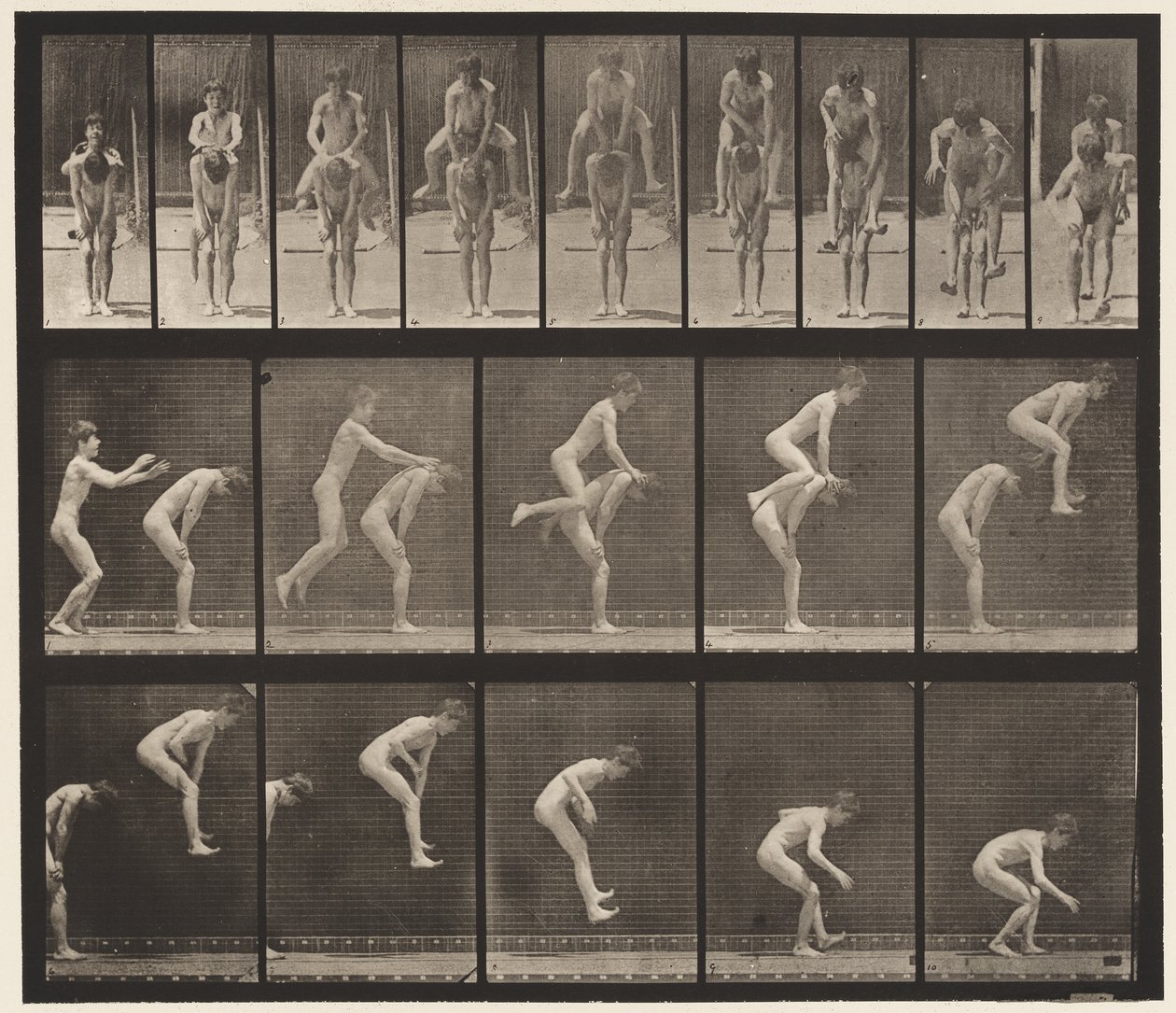 Levy 167. Hyppy; Pojan selän yli (sammakkohyppy) tekijältä Eadweard Muybridge
