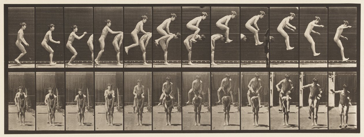 Levy 168. Hyppy; Pojan selän yli (sammakkohyppy) tekijältä Eadweard Muybridge