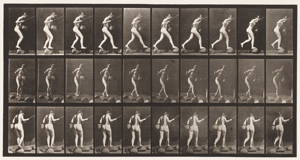 Kilpi 176. Crossing Brook on stepstones kalastussauva ja kori tekijältä Eadweard Muybridge