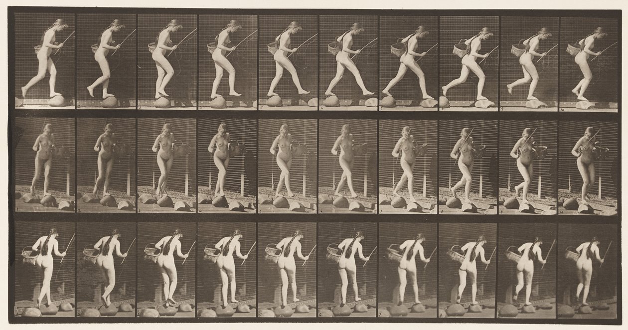 Kilpi 177. Crossing Brook on Stepstones kanssa kalastussauva & Basket tekijältä Eadweard Muybridge