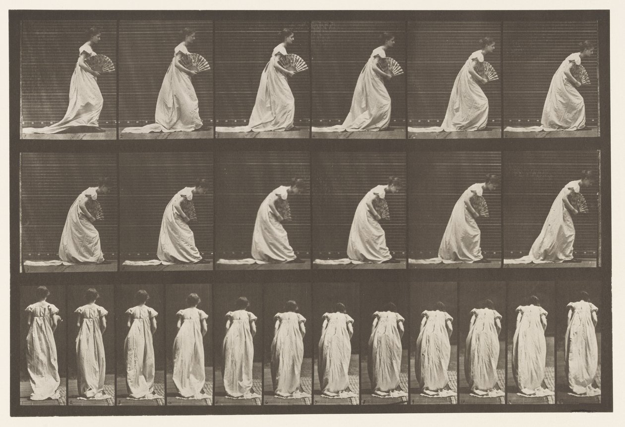 Lauta 199. Courtseying, Viuhka oikealla kädellä, 1885 tekijältä Eadweard Muybridge