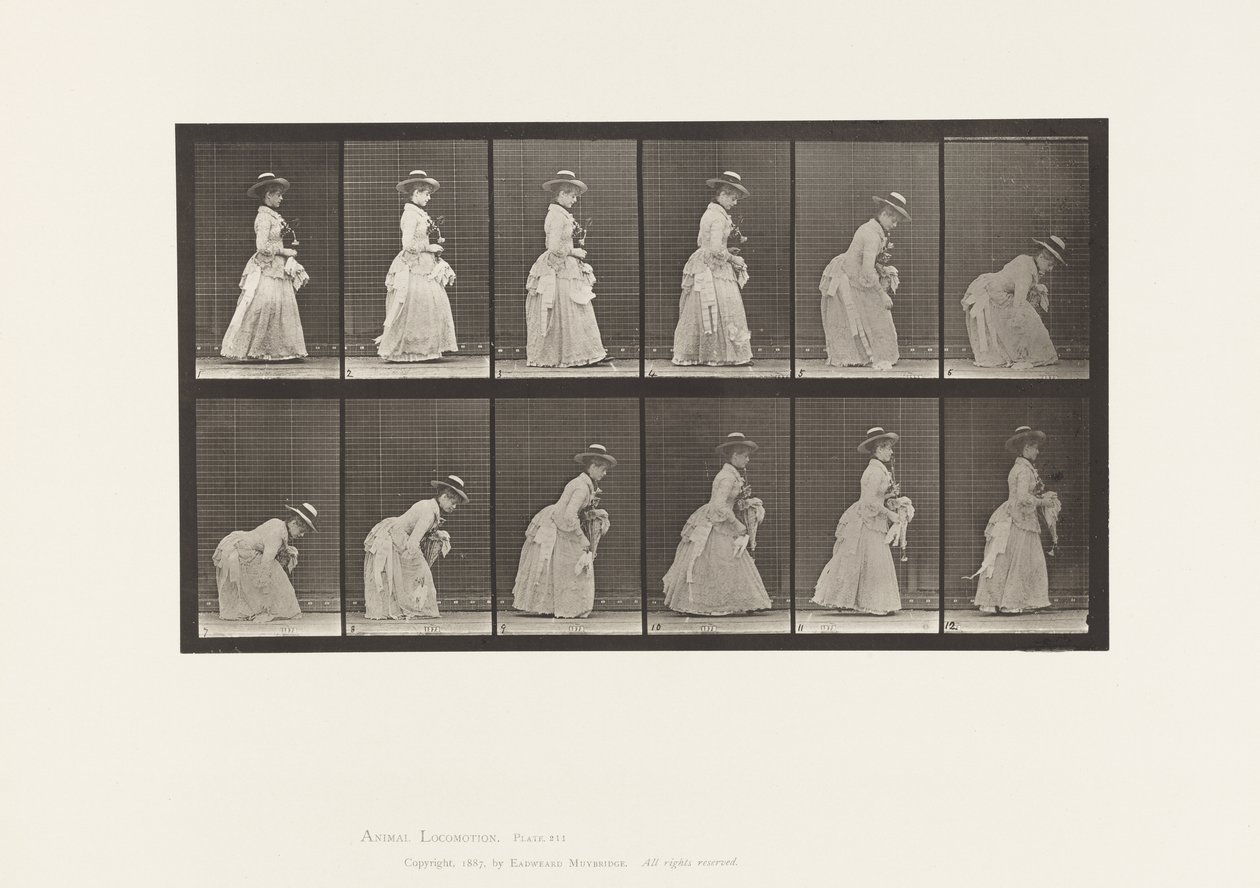 Kilpi 211. Kumartuva ja nostava käsiliina; päivänvarjo vasemmassa kädessä, 1885 tekijältä Eadweard Muybridge