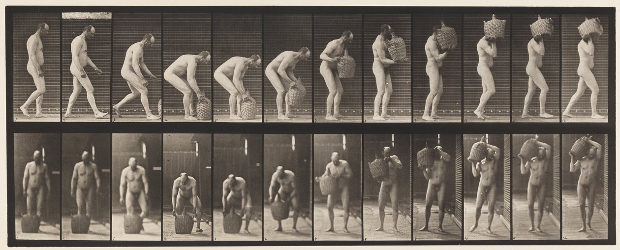 Levy 218. Kumartuminen ja koko Demijohnin nostaminen olkapäälle tekijältä Eadweard Muybridge