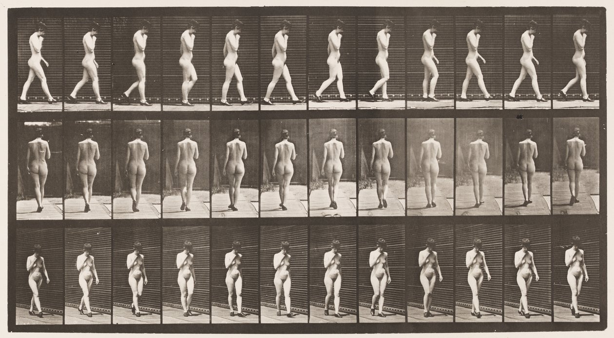 Levy 23. Kävely, oikea käsi leuassa, korkokengät jalassa tekijältä Eadweard Muybridge