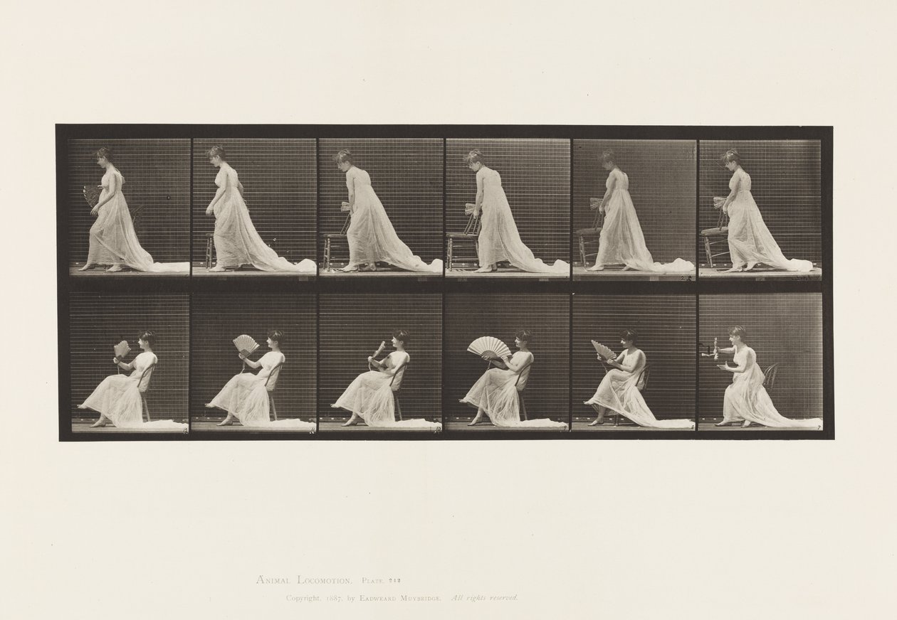Lauta 242. Tuolin asettaminen, tuulettimen istuminen ja flirttailu, 1885 tekijältä Eadweard Muybridge