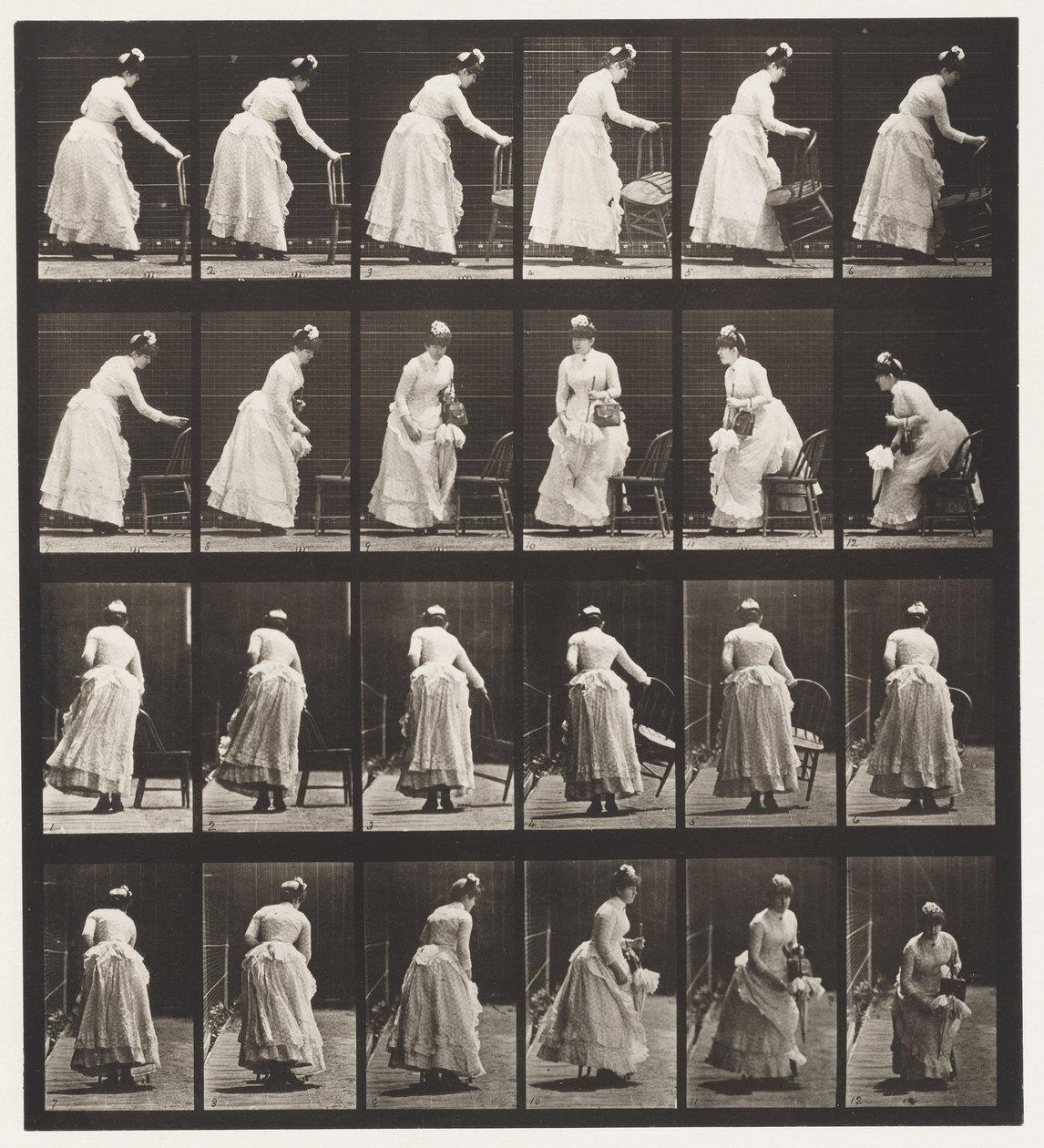 Lauta 243. Tuolin asettaminen, tuulettimen istuminen ja flirttailu tekijältä Eadweard Muybridge