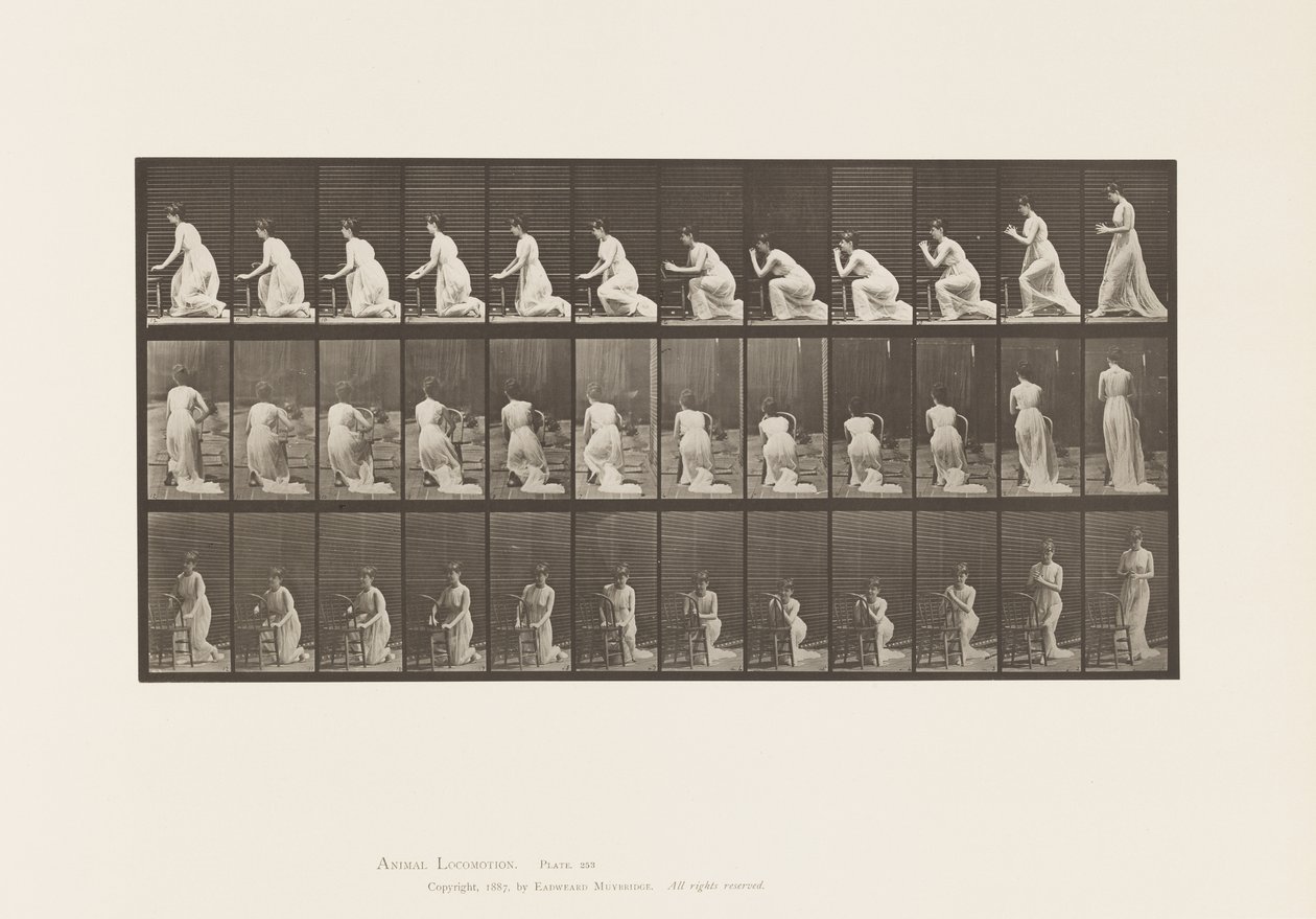 Lauta 253. Polvistuvat kyynärpäät tuolissa, kädet ristissä, 1885 tekijältä Eadweard Muybridge
