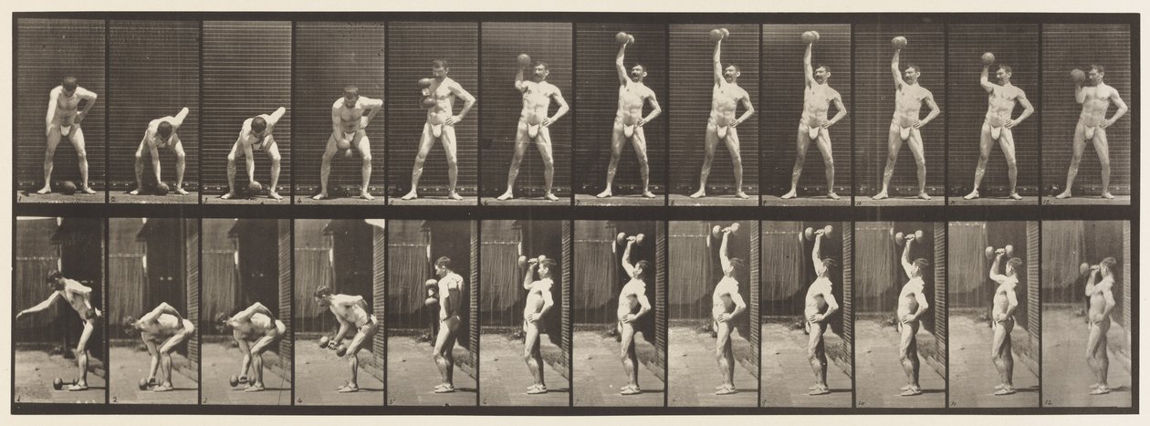 Lauta 320. 50 lb:n käsipainon nostaminen tekijältä Eadweard Muybridge