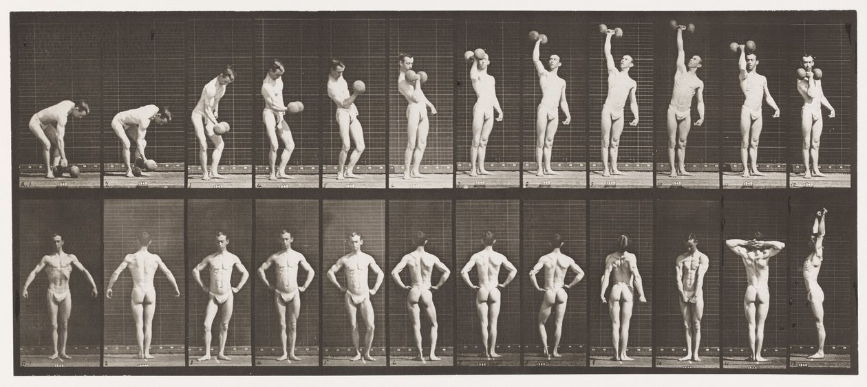 Levy 321. A, 50 lb:n käsipainon nostaminen; B, poseeraa tekijältä Eadweard Muybridge
