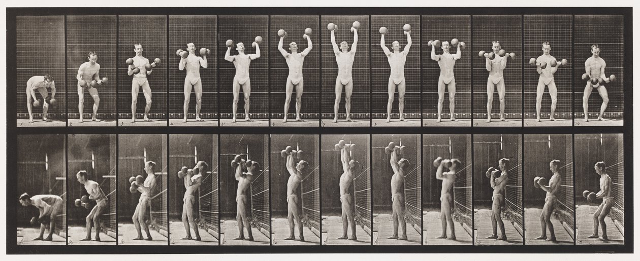 Levy 322. Kahden 50-lb:n käsipainon nostaminen ja laskeminen alas tekijältä Eadweard Muybridge
